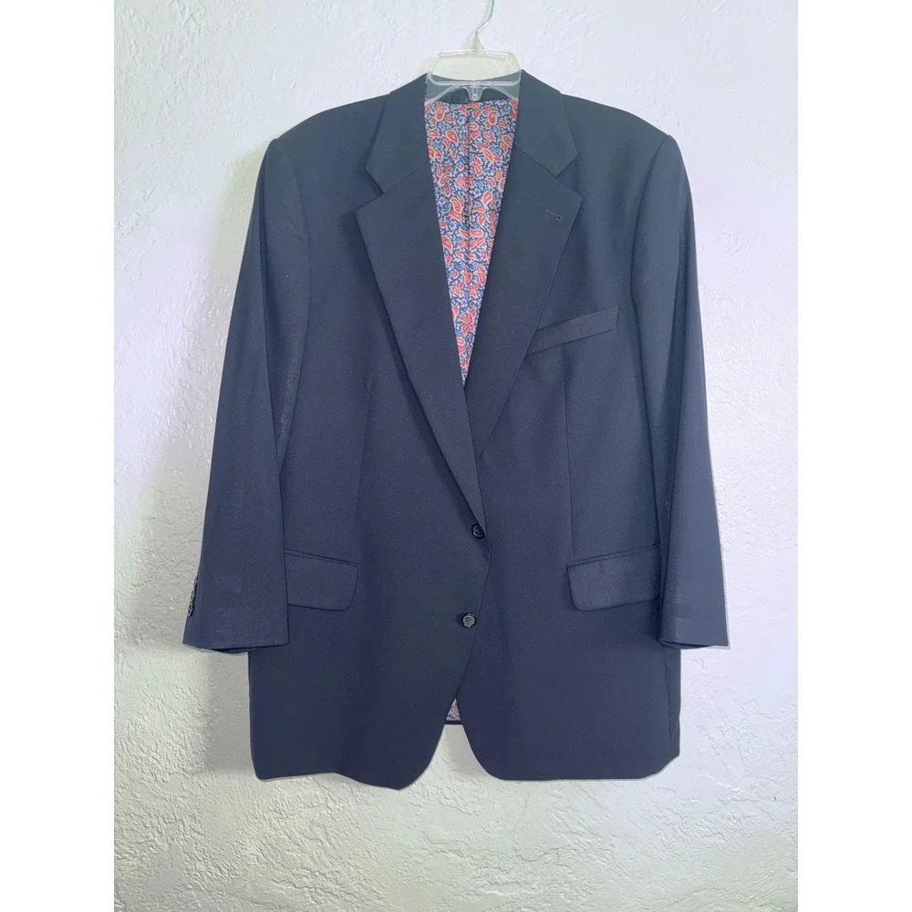 Vintage Prince of Wales Rotterdam Wool Blazer Mens 40M Navy Blue Silk Lined